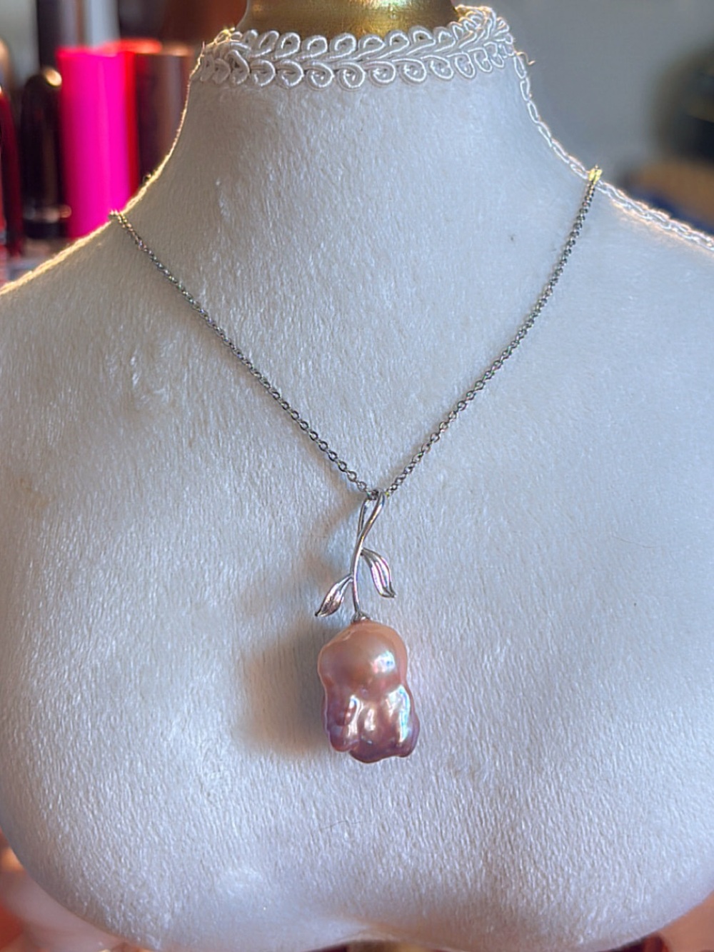 Rose Pearl Pendant | Baroque Rose Design with Silver Leaf Bail | S925 Stamp